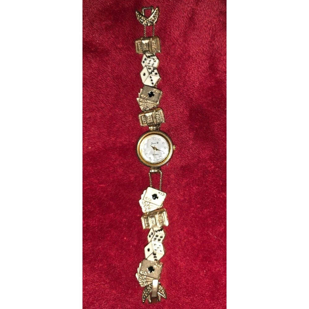Vintage JENNIE B Slide Charm WATCH Casino Gambling Goldtone Cards Slots Dice